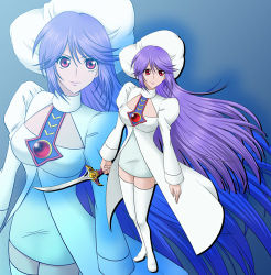 Rule 34 | 1girl, atwight eks, blue background, boots, breasts, coat, hat, long hair, lowres, purple hair, red eyes, skirt, smile, tales of (series), tales of destiny, tales of destiny 2, thigh boots, thighhighs