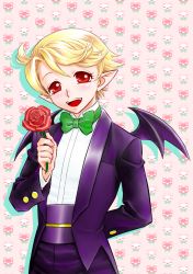 Rule 34 | 1boy, arm behind back, bishounen, blonde hair, bow, bowtie, disgaea, flower, formal, kotatsu seijin, makai senki disgaea 2, male focus, personification, pointy ears, red eyes, red flower, red rose, ribbon, rose, smile, solo, suit, tink, tink (disgaea), traditional bowtie, wings