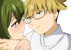 Rule 34 | 1boy, 1girl, blonde hair, blush, brown hair, clenched teeth, commentary request, green hair, grey-framed eyewear, half-closed eyes, highres, land (sousou no frieren), looking at another, parted lips, purple eyes, sakura 1110ssmm, saliva, saliva trail, semi-rimless eyewear, simple background, sousou no frieren, strangling, tearing up, teeth, ubel (sousou no frieren), under-rim eyewear, white background