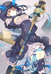 Rule 34 | 1girl, alice (sinoalice), black gloves, black hair, blue fire, book, breasts, cleavage, dress, elbow gloves, fire, frilled dress, frills, gloves, highres, looking at viewer, moebaka, open book, puffy short sleeves, puffy sleeves, red eyes, short hair, short sleeves, sinoalice, solo, staff, tattoo, thighhighs