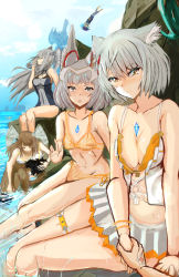 Rule 34 | 3boys, 5girls, animal ears, bikini, blue sky, breasts, brown hair, cat ears, chest jewel, cleavage, eunie (xenoblade), feathered wings, grey hair, head wings, highres, holding hands, jumping, lanz (xenoblade), long hair, looking at viewer, melia antiqua, midair, mio (xenoblade), multiple boys, multiple girls, nia (xenoblade), noah (xenoblade), official alternate costume, one-piece swimsuit, partially submerged, pov, sena (xenoblade), shindayomon, sitting, sky, smile, swimsuit, taion (xenoblade), very long hair, water, wings, xenoblade chronicles (series), xenoblade chronicles 3, yellow eyes