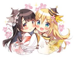 Rule 34 | 2girls, :d, black hair, blonde hair, blue eyes, blush, bow, brown bow, commentary request, fang, floral background, floral print, flower, hair between eyes, hair flower, hair ornament, holding hands, japanese clothes, kimono, long hair, long sleeves, multiple girls, open mouth, original, pan (mimi), pink flower, print kimono, red eyes, ribbon, simple background, smile, sparkle, v-shaped eyebrows, very long hair, white background, white kimono, white ribbon, wide sleeves