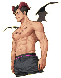 Rule 34 | 1boy, abs, biceps, black hair, black pants, black wings, cowboy shot, cropped legs, english text, highres, horns, licking lips, male focus, male underwear, muscular, muscular male, original, pants, pectorals, pink male underwear, red horns, rinotuna, shadow, short hair, simple background, solo, tongue, tongue out, topless male, underwear, veins, veiny arms, white background, wings