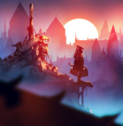 Rule 34 | 1other, absurdres, ambiguous gender, bloodborne, blurry, blurry foreground, brown headwear, city, commentary, from side, gradient background, hat, highres, holding, holding weapon, hunter (bloodborne), kalmahul, long sleeves, outdoors, saw, saw cleaver, scenery, standing, sunset, tricorne, weapon