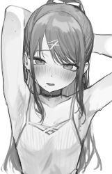 Rule 34 | 1girl, :o, absurdres, armpits, arms up, blush, breasts, choker, collarbone, full-face blush, greyscale, hair ornament, hairpin, highres, idolmaster, idolmaster shiny colors, kazano hiori, looking at viewer, mole, mole under mouth, monochrome, ponytail, shirt, sidelocks, signalviolet, simple background, sleeveless, sleeveless shirt, small breasts, solo, sweatdrop, upper body, white background