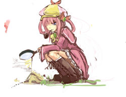 Rule 34 | 10s, 1girl, ant hill, blue eyes, boots, dress, hair rings, hat, knee boots, magnifying glass, non-web source, panties (pantsu-pirate), pink hair, smoking pipe, sherlock shellingford, solo, squatting, tantei opera milky holmes