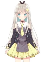 Rule 34 | 1girl, bare shoulders, black choker, black shirt, black sleeves, blue eyes, blush, bow, choker, collarbone, commentary request, copyright request, detached sleeves, facial mark, grey hair, hair flaps, hair ornament, highres, hoshi (snacherubi), long hair, long sleeves, looking at viewer, pleated skirt, shirt, simple background, skirt, sleeveless, sleeveless shirt, sleeves past fingers, sleeves past wrists, solo, star (symbol), star hair ornament, very long hair, white background, yellow bow, yellow neckwear, yellow skirt, | |