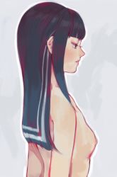 Rule 34 | 1girl, black hair, blue hair, blunt bangs, blunt ends, breasts, eyelashes, from side, long hair, looking down, multicolored hair, nipples, nishihara isao, nude, original, sidelocks, small breasts, solo, white hair