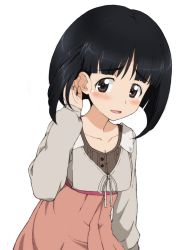 Rule 34 | 1girl, black eyes, black hair, blunt bangs, blunt ends, bob cut, brown dress, casual, commentary, dress, girls und panzer, gotou moyoko, hand on own ear, highres, kayabakoro, leaning forward, light blush, long sleeves, looking at viewer, open mouth, revision, short hair, simple background, smile, solo, standing, upper body, white background