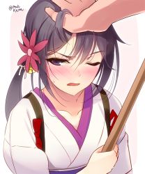 Rule 34 | 10s, 1girl, akebono (kancolle), bell, blush, flower, hair bell, hair flower, hair ornament, hand on another&#039;s head, japanese clothes, jingle bell, kantai collection, kimono, long hair, matsukawa (pale scarlet), nose blush, one eye closed, purple eyes, purple hair, side ponytail, solo focus, sweatdrop, tasuki, twitter username, upper body