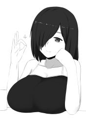 Rule 34 | 1girl, breast rest, breasts, cleavage, greyscale, hair over one eye, highres, huge breasts, long hair, monochrome, naozuri, ok sign, pai-chan (naozuri), simple background, solo, white background