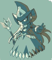 Rule 34 | 1girl, android, aqua background, chibi, dress, hat, holding, holding staff, long hair, monochrome, outstretched arm, robot ears, mega man (series), mega man x (series), mega man xtreme 2, simple background, smile, solo, staff, witch