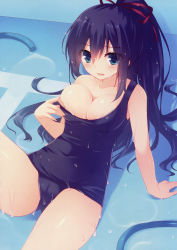 Rule 34 | 1girl, absurdres, arm support, blue eyes, blue hair, blush, breasts, bursting breasts, cleavage, collarbone, covered navel, hair ribbon, highres, hose, large breasts, long hair, matching hair/eyes, miko (royal milk), old school swimsuit, one-piece swimsuit, open mouth, original, ponytail, red ribbon, ribbon, scan, school swimsuit, sitting, solo, strap slip, swimsuit, water
