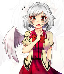 Rule 34 | 1girl, arm across chest, arm at side, blush, bow, bowtie, braid, cowboy shot, dress, flying sweatdrops, french braid, highres, jacket, kishin sagume, kurose (enstnrundead), looking at viewer, open clothes, open jacket, open mouth, pink dress, red eyes, short hair, short sleeves, silver hair, simple background, single wing, solo, touhou, white background, wings, worried, zoom layer