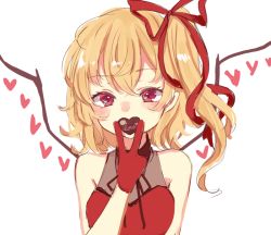 Rule 34 | 1girl, blonde hair, bow, dress, flandre scarlet, gloves, hair bow, looking at viewer, neck ribbon, paragasu (parags112), red bow, red dress, red eyes, red gloves, ribbon, side ponytail, simple background, solo, touhou, white background, wings