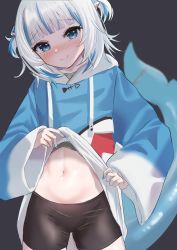 Rule 34 | 1girl, 3xens, blue eyes, blue hair, blue hoodie, blue nails, blurry, blurry background, blush, closed mouth, dot nose, eyelashes, fingernails, fins, fish tail, gawr gura, gawr gura (1st costume), grey background, grey hair, highres, hololive, hololive english, hood, hood down, hoodie, lifted by self, long eyelashes, looking at viewer, medium hair, multicolored hair, nail polish, navel, shark tail, shiny skin, simple background, sleeves past wrists, smile, solo, stomach, streaked hair, tail, twintails, virtual youtuber, wide sleeves
