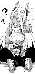 Rule 34 | 1girl, ?, ??, animal ears, bare shoulders, boku no hero academia, breasts, crescent print, dark-skinned female, dark skin, explosive, fur collar, globus cruciger, gloves, grenade, greyscale, hand on own head, hand up, highres, holding, holding grenade, holy hand grenade, indian style, ireading, long eyelashes, long hair, looking to the side, medium breasts, mirko, monochrome, monty python, monty python and the holy grail, open mouth, parted bangs, rabbit ears, rabbit girl, sitting, solo, sweatdrop, teeth, thighhighs, very long hair
