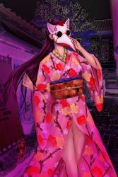 Rule 34 | 1girl, highres, japanese clothes, kimono, long hair, mask, plague mask, tagme