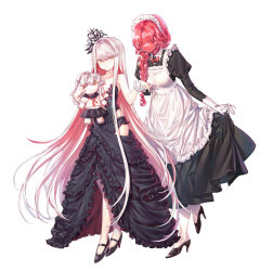 Rule 34 | 2girls, absurdres, apron, bare arms, bare shoulders, black dress, black footwear, blunt bangs, braid, closed mouth, collarbone, commentary, doll, dress, facing viewer, frilled dress, frills, full body, gloves, grey hair, hair ornament, high heels, highres, holding, holding doll, juliet sleeves, leon v, long dress, long hair, long sleeves, looking at viewer, maid, maid apron, maid headdress, monster girl, multiple girls, original, pantyhose, puffy sleeves, shoes, skirt hold, slime girl, symbol-only commentary, white apron, white gloves, white legwear