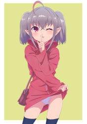 Rule 34 | 1girl, ahoge, bag, black thighhighs, blush, border, coat, coat lift, commentary request, cowboy shot, crotch seam, dyed ahoge, finger to mouth, gluteal fold, grey hair, highres, index finger raised, lifted by self, looking at viewer, makaino ririmu, medium hair, multicolored hair, nijisanji, no pants, one eye closed, panties, parted lips, pointy ears, red coat, red eyes, red hair, sabamen, shoulder bag, shushing, simple background, solo, streaked hair, thighhighs, twintails, underwear, virtual youtuber, white border, white panties