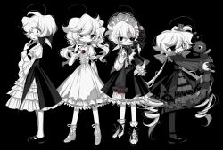 Rule 34 | 4girls, :d, :o, antenna hair, black background, black bow, black dress, black eyes, black flower, black footwear, black ribbon, black rose, bow, colored skin, dress, flower, full body, greyscale, hair bow, highres, holding, holding stuffed toy, meyou 0319, monochrome, multiple girls, multiple hair bows, open mouth, original, red flower, red rose, ribbon, rose, short hair, smile, stuffed animal, stuffed toy, very short hair, white bow, white dress, white hair, white skin