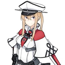 Rule 34 | 1girl, black gloves, blonde hair, breasts, capelet, cross, gloves, graf zeppelin (kancolle), grey eyes, hair between eyes, hat, highres, impossible clothes, kantai collection, looking at viewer, medium breasts, necktie, peaked cap, sidelocks, simple background, smile, solo, twintails, upper body, white background, yuubokumin