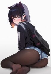 Rule 34 | 1girl, alternate costume, ass, backpack, bag, black jacket, black pantyhose, blunt bangs, blush, denim, denim shorts, feet, fine fabric emphasis, gradient hair, hair ornament, hairclip, highres, hololive, hololive english, hood, hood down, hooded jacket, jacket, koahri, legs, long sleeves, looking at viewer, mole, mole under eye, multicolored hair, ninomae ina&#039;nis, no shoes, orange hair, pantyhose, pointy ears, purple hair, short hair, short shorts, shorts, sidelocks, simple background, soles, solo, virtual youtuber, white background