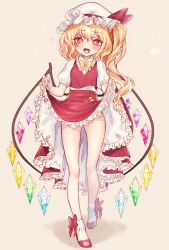 Rule 34 | 1girl, :d, bare legs, beige background, blonde hair, blush, bow, bowtie, clothes lift, commentary request, crystal, fang, flandre scarlet, frilled shirt collar, frills, full body, hair between eyes, hat, hat bow, heart, highres, lifted by self, long hair, looking at viewer, mob cap, mokokiyo (asaddr), one side up, open mouth, petticoat, puffy short sleeves, puffy sleeves, red bow, red eyes, red footwear, red skirt, red vest, shadow, shirt, shoes, short sleeves, simple background, skirt, skirt lift, skirt set, smile, socks, solo, standing, thighs, touhou, vest, white hat, white shirt, white socks, wings, yellow bow, yellow bowtie