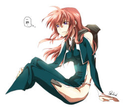 Rule 34 | 10s, 1girl, arm support, bad id, bad pixiv id, blush, bodysuit, breasts, canon memphis, clothing cutout, cropped legs, long hair, open mouth, pilot suit, purple eyes, red hair, sakuhiroh, side cutout, signature, sitting, skin tight, solo, soukyuu no fafner, synergetic suit, thought bubble, translation request