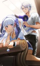 Rule 34 | 1boy, 1girl, ayaka (genshin impact), bent over, blue eyes, blue hair, blunt bangs, blush, brother and sister, casual, couch, dolphin shorts, genshin impact, hair dryer, hand in another&#039;s hair, highres, holding, holding phone, isobe47, kamisato ayato, kneeling, long hair, mole, mole under eye, mole under mouth, on couch, open mouth, pants, phone, shirt, short sleeves, shorts, siblings, slime (genshin impact), towel, track pants, wet, white shirt