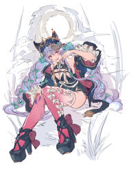 1girl animal_ears bare_shoulders blue_nails bow_legwear braid breasts cleavage fang full_body gradient_legwear granblue_fantasy hibana_(hibana_ztlv) highres jiangshi_costume long_hair low_twin_braids official_alternate_costume ofuda ofuda_on_head ofuda_on_nipples on_ground pasties platform_footwear platform_heels purple_hair red_eyes satyr_(granblue_fantasy) satyr_(halloween)_(granblue_fantasy) sketch smile solo thighhighs twin_braids very_long_fingernails very_long_hair