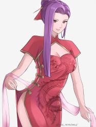 Rule 34 | 1girl, absurdres, alternate costume, alternate hairstyle, breasts, brown eyes, china dress, chinese clothes, cleavage, dress, fire emblem, fire emblem echoes: shadows of valentia, highres, large breasts, long hair, nintendo, parted lips, purple hair, side slit, simple background, smile, solo, sonya (fire emblem gaiden), standing, tommy (kingdukeee), twitter username, white background