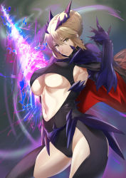 Rule 34 | 1girl, absurdres, armpits, artoria pendragon (fate), artoria pendragon (lancer alter) (fate), black bodysuit, bodysuit, braid, breasts, cape, center opening, closed mouth, dark rhongomyniad, fate/grand order, fate (series), french braid, hair between eyes, highres, horns, hotate-chan, huge filesize, large breasts, long hair, looking at viewer, navel, revealing clothes, ribbed bodysuit, sidelocks, solo, thighs, underboob, yellow eyes