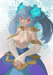 Rule 34 | 1girl, absurdres, blue flower, blue hair, blue shirt, blue skirt, breasts, detached sleeves, fang, fingernails, flower, hair between eyes, hair flower, hair ornament, highres, long hair, long sleeves, lyleen noct, medium breasts, midriff, open mouth, own hands together, palworld, papaba, personification, red eyes, shirt, skin fang, skirt, sleeves past wrists, solo, twintails, white shirt, white sleeves