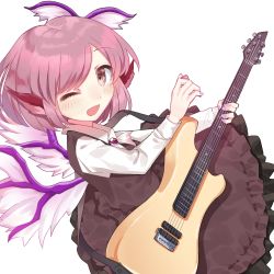 Rule 34 | 1girl, arms up, bird wings, brooch, brown skirt, brown vest, commentary request, electric guitar, feathered wings, fingernails, from above, from side, guitar, hair ornament, instrument, jewelry, kanta (pixiv9296614), layered skirt, leaning back, long sleeves, looking at viewer, mystia lorelei, nail polish, one eye closed, pink eyes, pink hair, plectrum, purple nails, shirt, short hair, simple background, skirt, solo, swept bangs, touhou, vest, white background, white shirt, winged hair ornament, wings