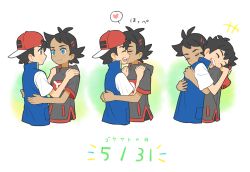 Rule 34 | +++, 2boys, :d, antenna hair, ash ketchum, black hair, blue eyes, closed eyes, closed mouth, commentary request, creatures (company), dated, game freak, goh (pokemon), grey shirt, happy, heart, highres, hug, male focus, minato (mntnm), multiple boys, multiple views, nintendo, open mouth, pokemon, pokemon (anime), pokemon journeys, shirt, short hair, short sleeves, sleeveless, sleeveless jacket, smile, t-shirt, teeth, tongue, upper body, upper teeth only, white shirt, yaoi