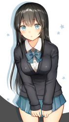Rule 34 | 1girl, bad id, bad pixiv id, black hair, black sweater, blue bow, blue bowtie, blue eyes, blue skirt, blush, bow, bowtie, closed mouth, collared shirt, commentary request, cowboy shot, dress shirt, fingernails, grey background, hair between eyes, kurata rine, leaning to the side, long hair, long sleeves, looking at viewer, original, pleated skirt, school uniform, shirt, skirt, sleeves past wrists, solo, sweater, two-tone background, very long hair, white background, white shirt