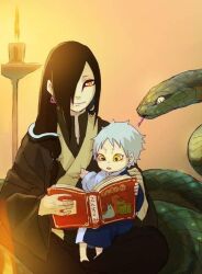 Rule 34 | animal, animal on shoulder, black hair, book, boruto: naruto next generations, candle, colored sclera, curious, earrings, eyeliner, father and son, hair tied low, japanese clothes, japanese mythology, jewelry, kimono, long hair, makeup, mitsuki (naruto), multicolored clothes, naruto (series), orochimaru (naruto), pale skin, pulling another&#039;s clothes, reading, scales, sitting, sitting on lap, sitting on person, slug, smile, snake, spiked hair, toad (animal), toddler, tongue, tongue out, yellow eyes