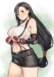 Rule 34 | 1girl, black skirt, blush, breasts, commentary request, earrings, elbow gloves, elbow pads, final fantasy, final fantasy vii, fingerless gloves, gloves, hippopotamuso, jewelry, large breasts, long hair, low-tied long hair, midriff, miniskirt, pencil skirt, shirt, skirt, smile, solo, suspender skirt, suspenders, tank top, taut clothes, taut shirt, tifa lockhart