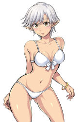 Rule 34 | 1girl, bad id, bad nicoseiga id, bikini, blush, bracelet, breasts, contrapposto, elf, front-tie top, gluteal fold, ishima yuu, jewelry, medium breasts, navel, open mouth, original, pointy ears, short hair, silver hair, simple background, solo, standing, swimsuit, white background, white bikini, yellow eyes