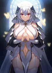Rule 34 | 1girl, blush, breast curtains, breasts, bug, butterfly, cleavage, closed mouth, clothing cutout, garter straps, highres, huge breasts, insect, long sleeves, looking at viewer, navel, navel cutout, nun, original, own hands together, purple eyes, sideboob, smile, solo, thighhighs, white garter straps, white hair, white thighhighs, xe (execut3r)