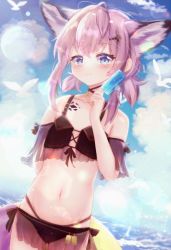 Rule 34 | 1girl, absurdres, ahoge, alternate hairstyle, animal ear fluff, animal ears, arknights, arm behind back, armpit crease, bad id, bad pixiv id, bare shoulders, belly, bikini, bird, blue eyes, blue sky, blush, brown bikini, chrocatz, closed mouth, cloud, cloudy sky, collarbone, commentary request, cowboy shot, day, extra ears, flat chest, food, fox ears, fox girl, fox tail, hair ornament, hairpin, hand up, highres, holding, holding food, ice cream, lens flare, looking at viewer, material growth, navel, official alternate costume, oripathy lesion (arknights), pink hair, short hair, sky, smile, solo, standing, stomach, sussurro (arknights), sussurro (summer flower) (arknights), swimsuit, tail, thigh gap, water