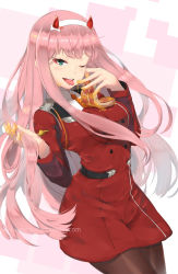 Rule 34 | 10s, 1girl, ;p, blue eyes, breasts, commentary, darling in the franxx, english commentary, eyelashes, food, highres, honey, horns, long hair, looking at viewer, magister, medium breasts, messy, military, military uniform, one eye closed, oni horns, pantyhose, pink hair, red horns, ringed eyes, solo, steak, straight hair, suggestive fluid, tongue, tongue out, uniform, very long hair, watermark, web address, zero two (darling in the franxx)