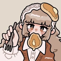 Rule 34 | 1girl, ashe 826, brown background, brown eyes, brown hair, brown sweater, butter, food, fork, highres, holding, holding fork, long hair, long sleeves, original, pancake, shirt, simple background, solo, sweater, white shirt
