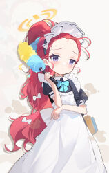 Rule 34 | 1girl, apron, bag, black dress, blue archive, blue bow, blue bowtie, blush, bow, bowtie, closed mouth, commentary, dress, duster, feet out of frame, forehead, hair bow, highres, holding, holding duster, long hair, looking at viewer, maid, maid apron, maid headdress, measho, messy hair, multiple hair bows, ponytail, puffy short sleeves, puffy sleeves, purple eyes, red hair, short sleeves, shoulder bag, very long hair, white background, white bow, yuzu (blue archive), yuzu (maid) (blue archive), zoom layer