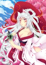 Rule 34 | 1girl, amaterasu (ookami), animal ears, bare shoulders, breasts, cleavage, criis-chan, female focus, issun, japanese clothes, kimono, long hair, mini person, miniboy, nature, ookami (game), outdoors, personification, petals, plant, sky, solo, tattoo, very long hair, white hair, wide sleeves, wolf ears