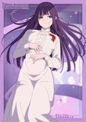 Rule 34 | 1girl, aoi suzu, artist name, blood, blood on clothes, blunt bangs, dress, expressionless, fern (sousou no frieren), highres, long hair, looking at viewer, purple eyes, purple hair, solo, sousou no frieren, white dress