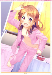 Rule 34 | 1girl, absurdres, alarm clock, barefoot, bed, breasts, brown eyes, brown hair, clock, dutch angle, feet, highres, indoors, leaning forward, long hair, meito, meito (maze), navel, no bra, open clothes, open mouth, open shirt, original, pajamas, scan, shirt, small breasts, solo, standing, standing on one leg, white legwear