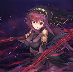 Rule 34 | 1girl, augu (523764197), covered erect nipples, dual wielding, eyelashes, fate/grand order, fate (series), gluteal fold, holding, petals, polearm, purple hair, red eyes, scathach (fate), smirk, solo, spear, tsurime, veil, weapon