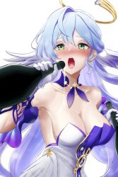 Rule 34 | 1girl, bare shoulders, bead bracelet, beads, blue hair, blush, bottle, bracelet, breasts, choker, cleavage, collarbone, commentary, detached sleeves, dress, earrings, gloves, green eyes, hair between eyes, hair intakes, head wings, highres, holding, holding bottle, honkai: star rail, honkai (series), jewelry, large breasts, long hair, nose blush, open mouth, purple choker, robin (honkai: star rail), short sleeves, simple background, solo, sphere-stc, strapless, strapless dress, upper body, very long hair, white background, white dress, white gloves, wings